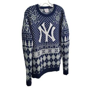 NY Yankees Size L Sweater Argyle Ugly Christmas Poinsettias Reindeer Candy Canes